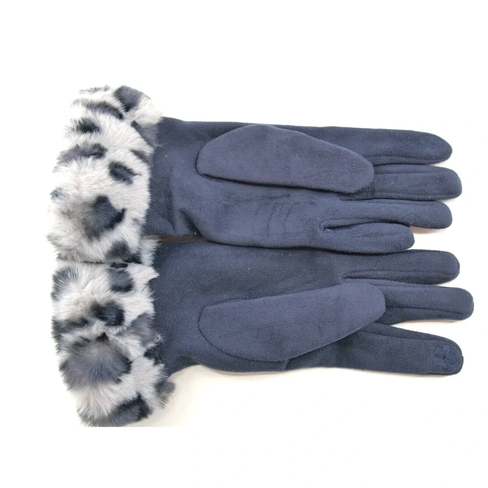 Fur Glove Women Black/Grey Leopard Faux Fur Trim and blue. Very soft fur